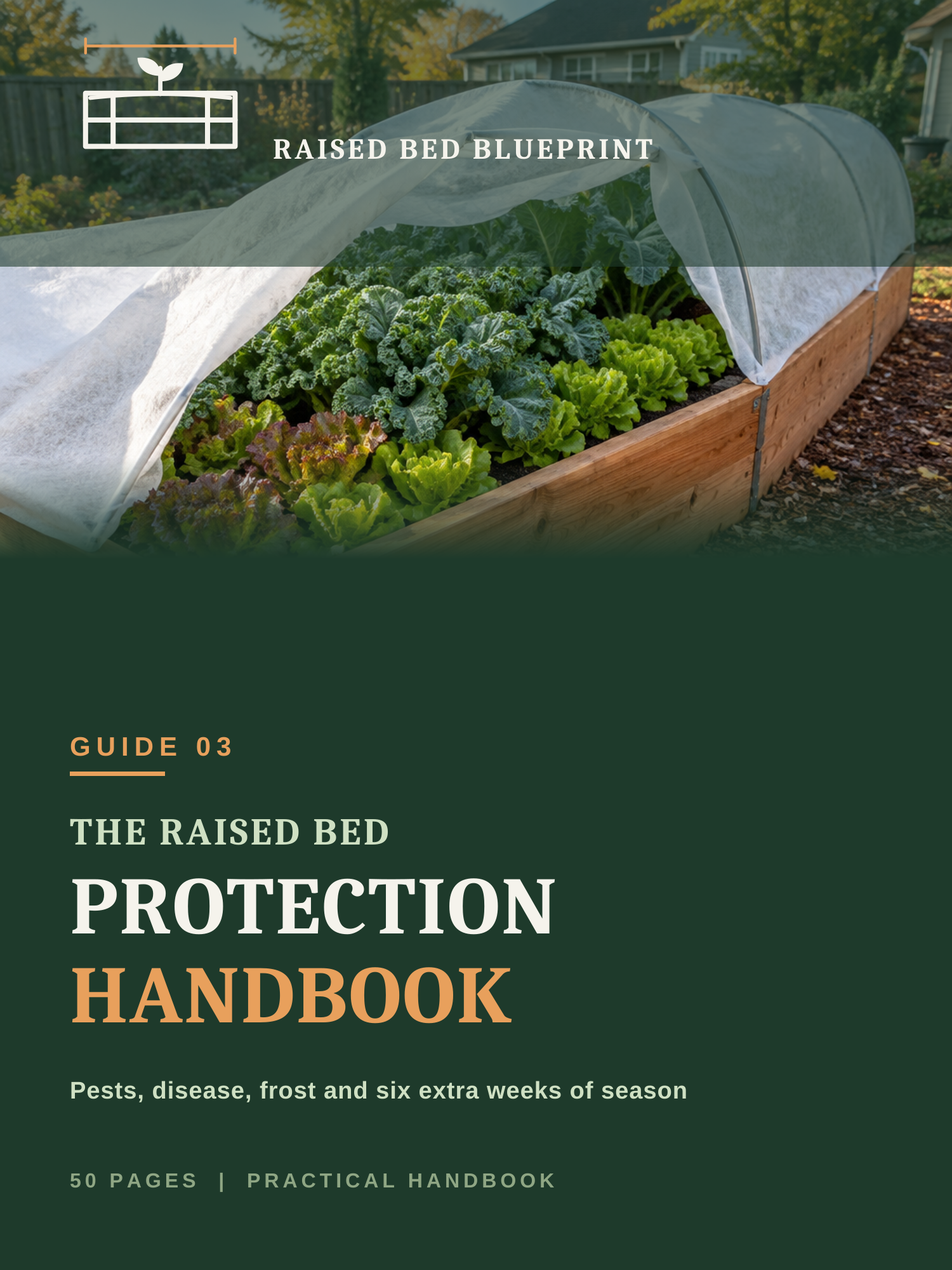 Cover of the Raised Bed Protection Handbook: a raised bed under a frost cover at dusk