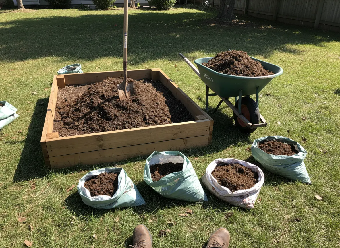 A raised bed being filled with layers of compost and topsoil