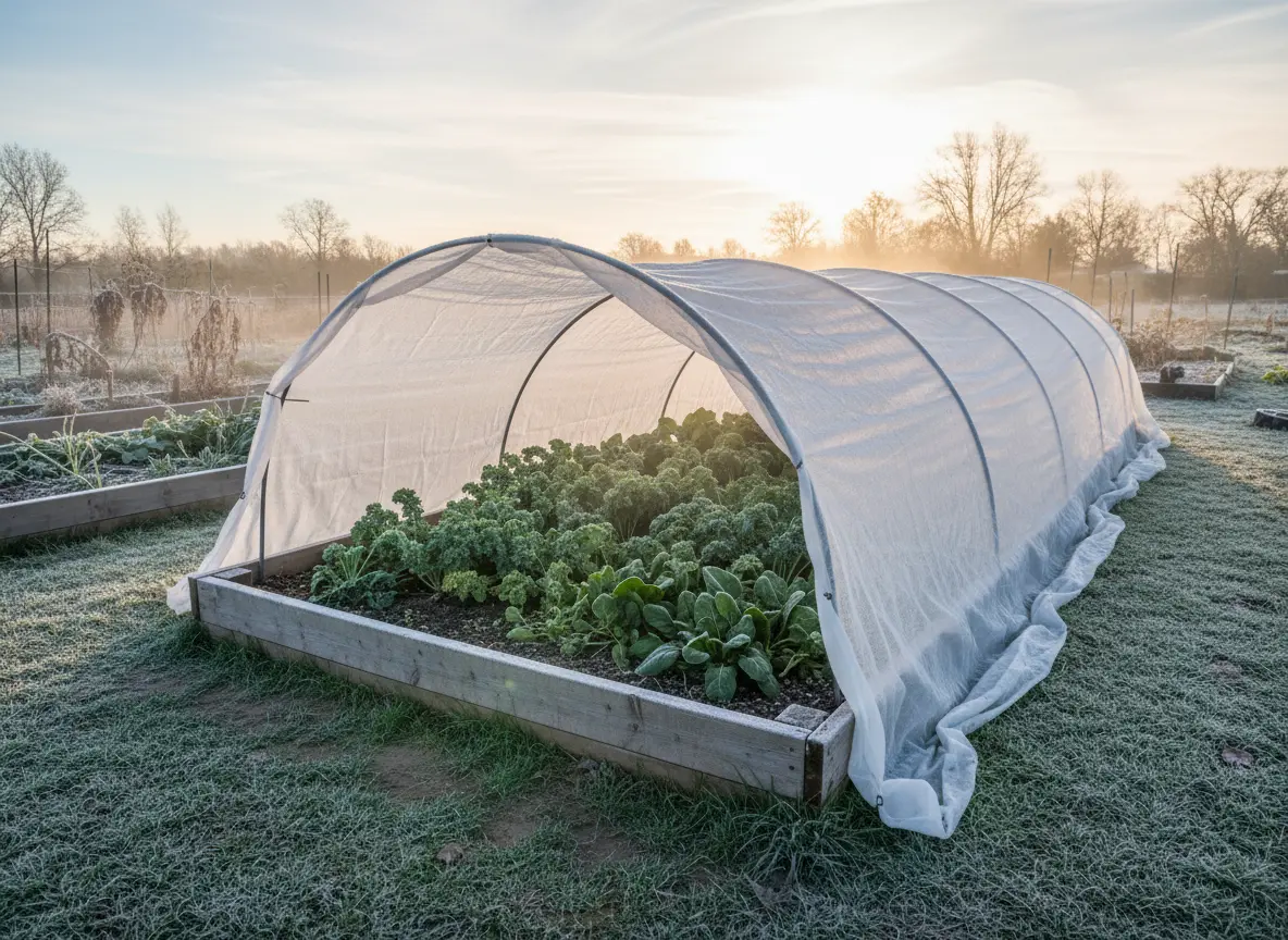 A raised bed covered with fabric row cover protecting plants from frost
