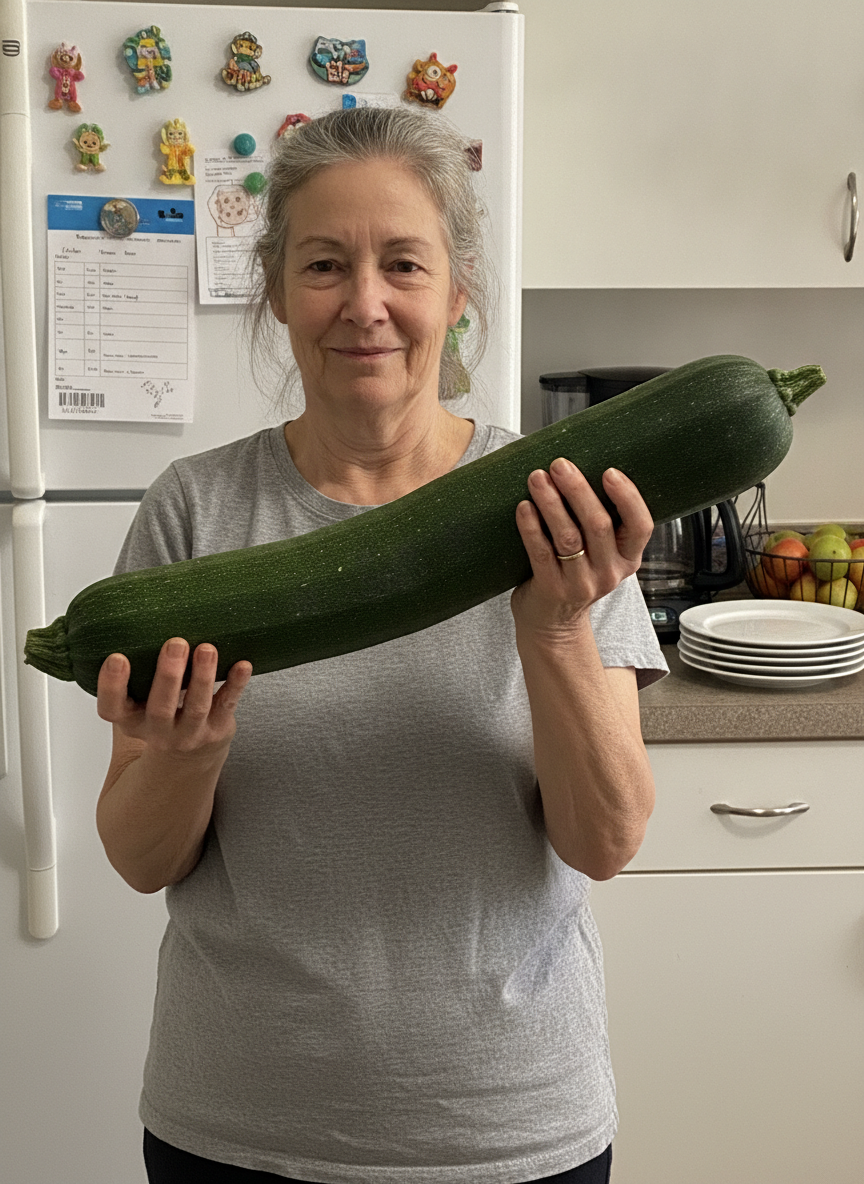 A smiling woman in her kitchen holding an enormous homegrown zucchini with both hands