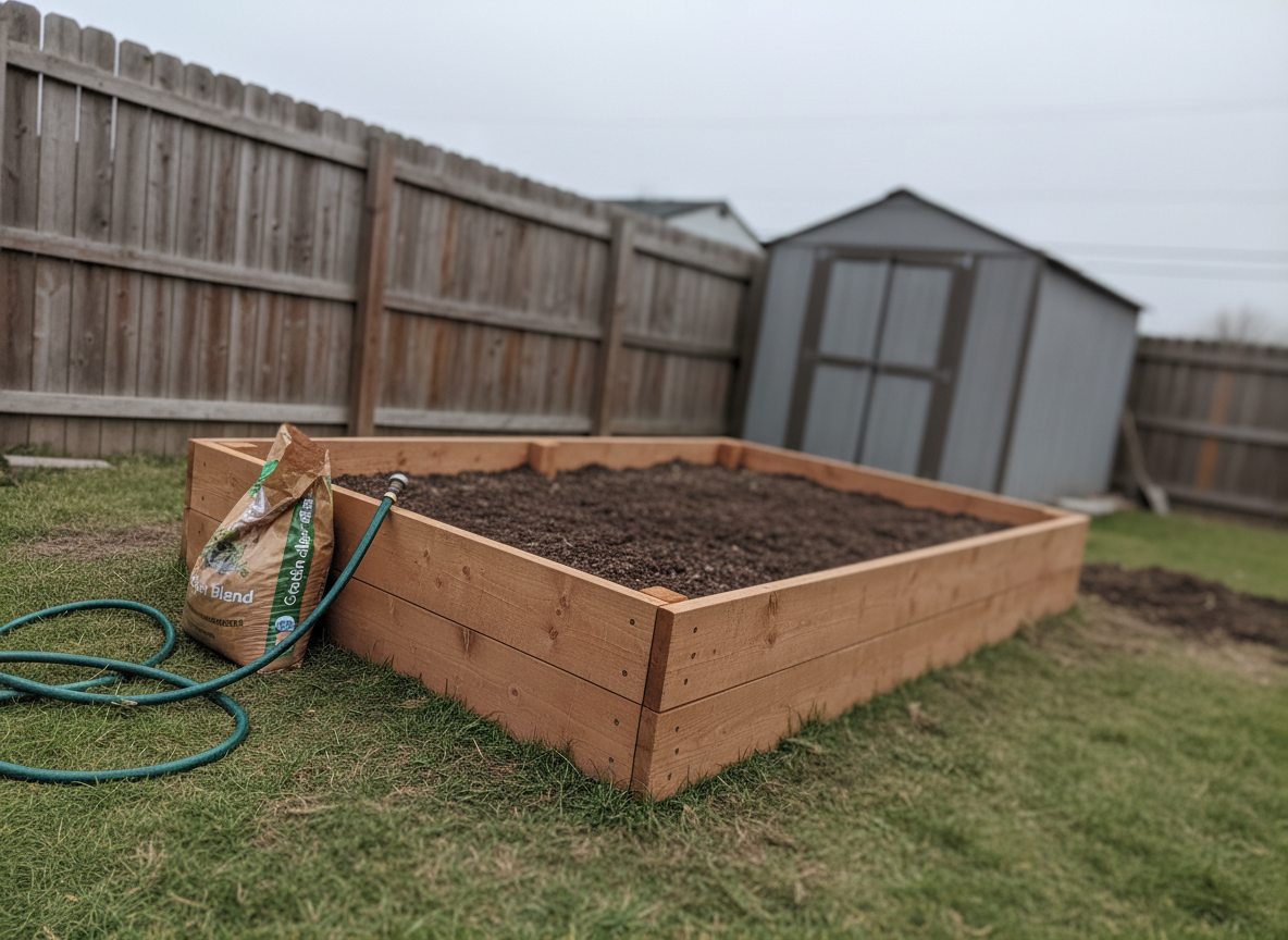 A newly built cedar raised bed filled with dark soil, a garden hose coiled on the lawn beside it