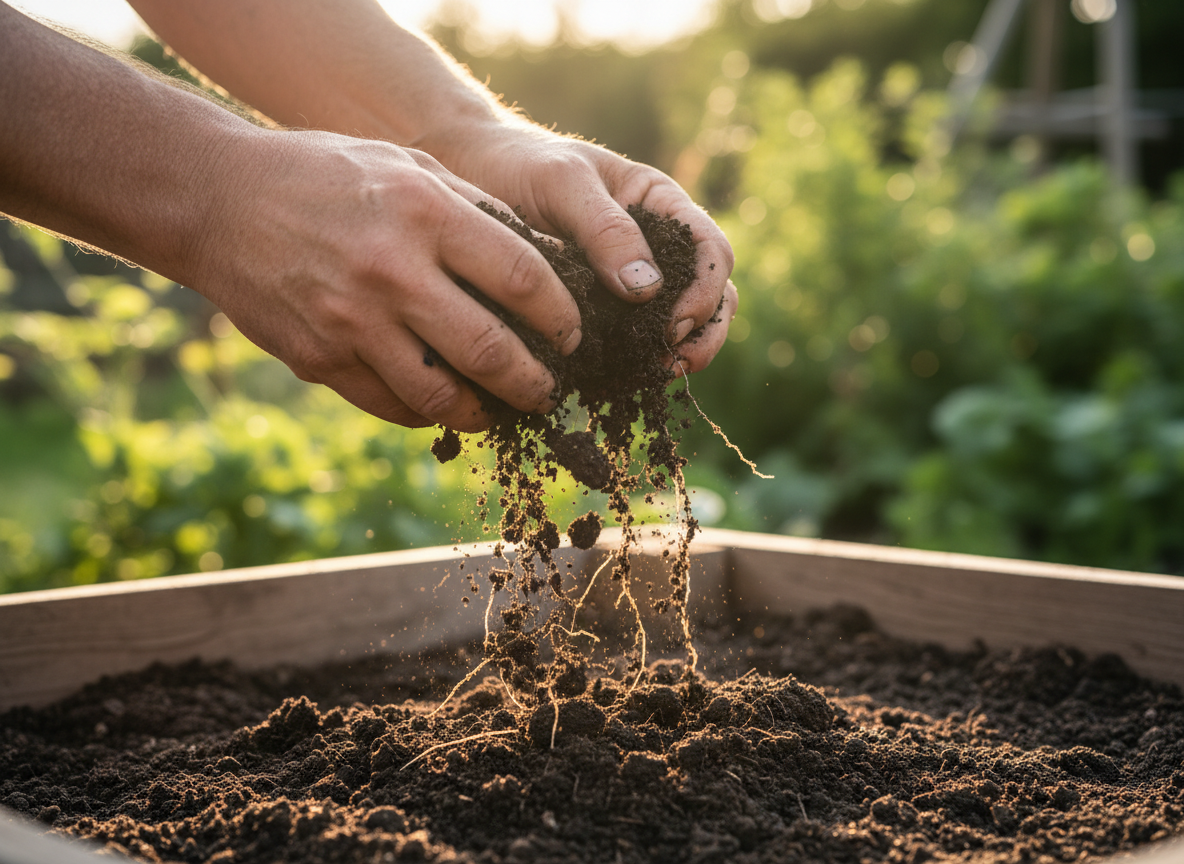 A gardener's hands holding dark, crumbly compost rich soil