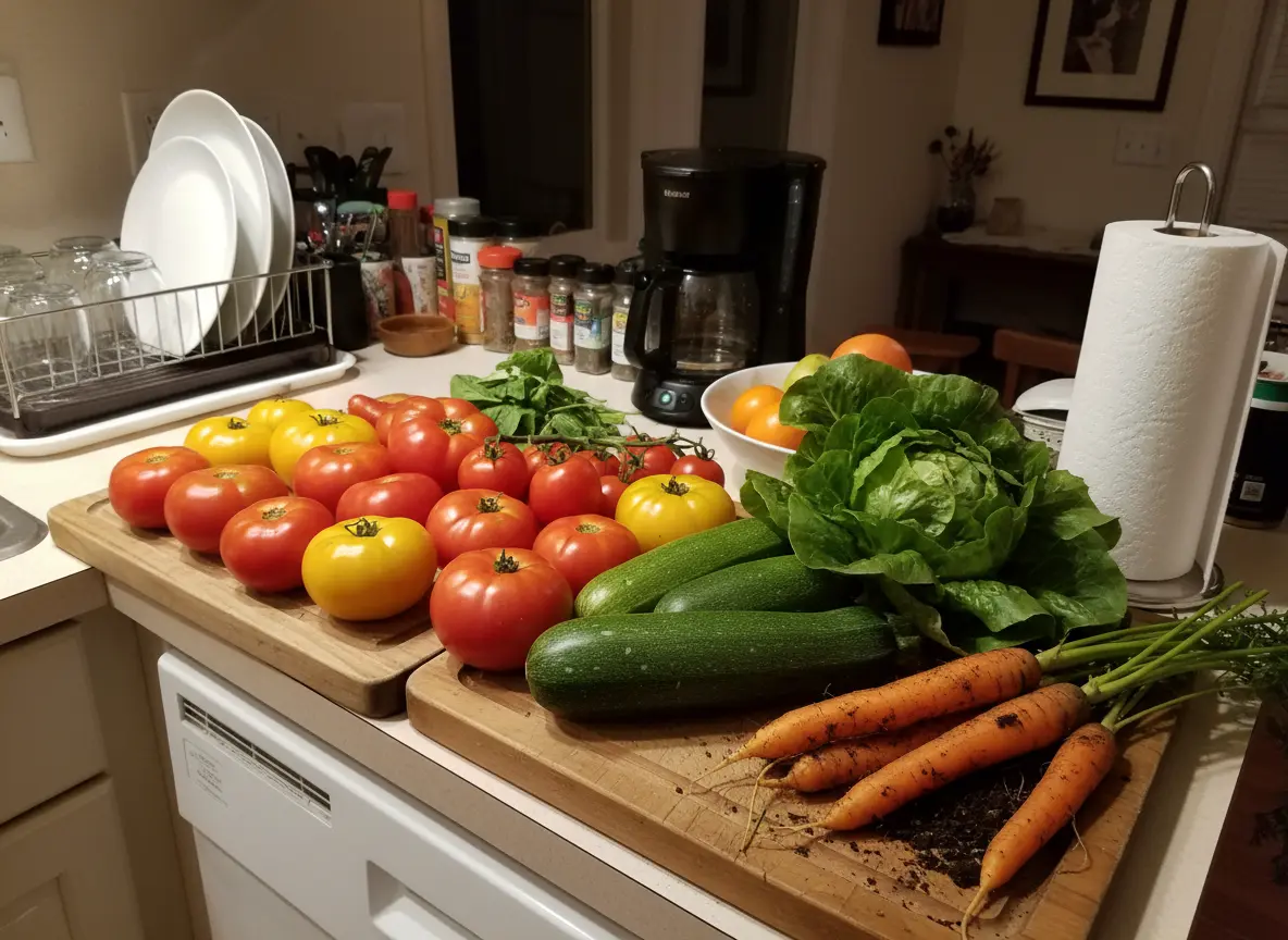 A kitchen counter covered with freshly picked tomatoes, beans and greens