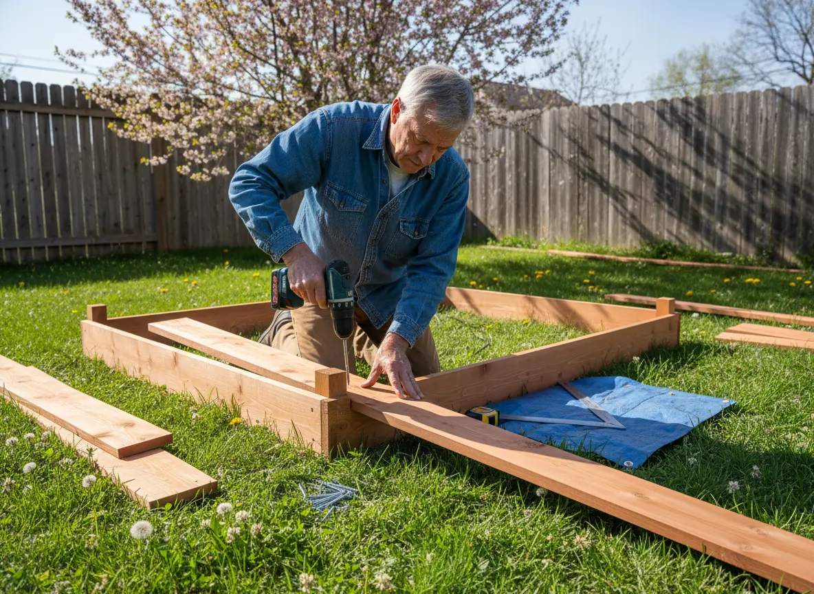 Hands screwing cedar boards together to frame a raised garden bed