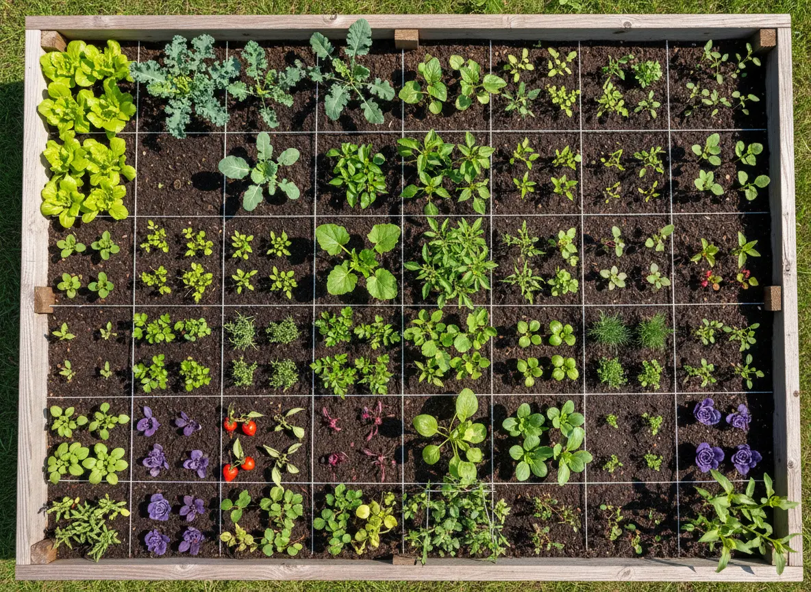 A raised bed divided into a square foot planting grid with seedlings