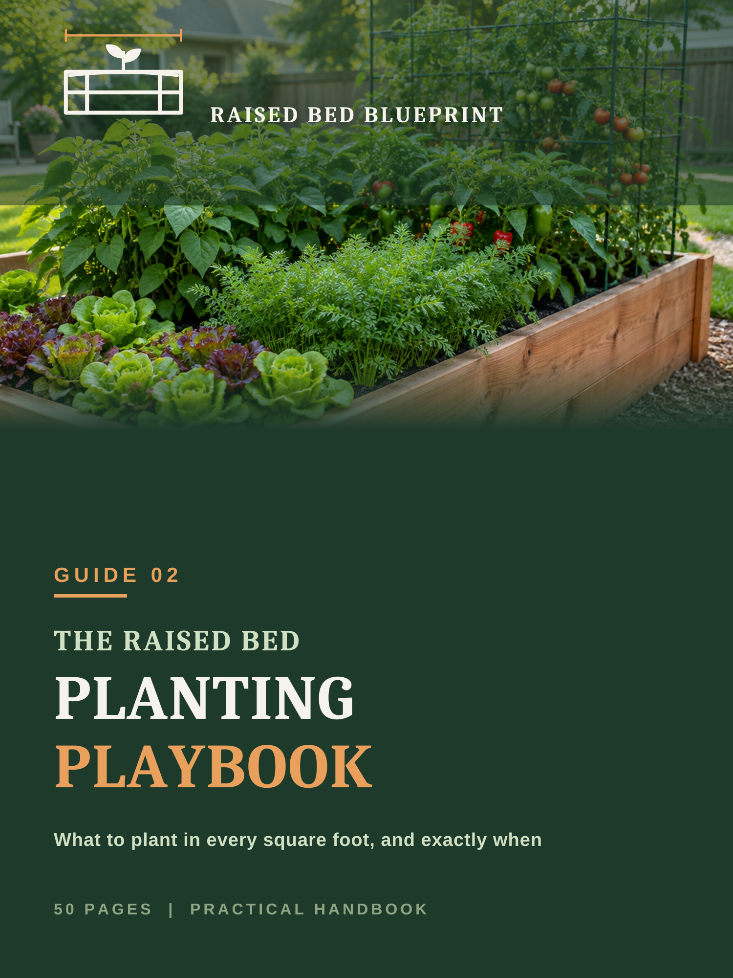 Cover of the Raised Bed Planting Playbook: a lush planted raised bed with peppers and lettuce
