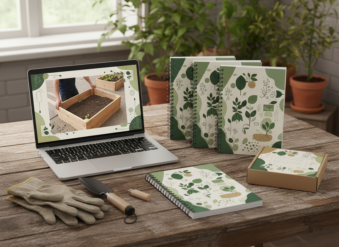 The Raised Bed Blueprint video course shown on a laptop, tablet and phone