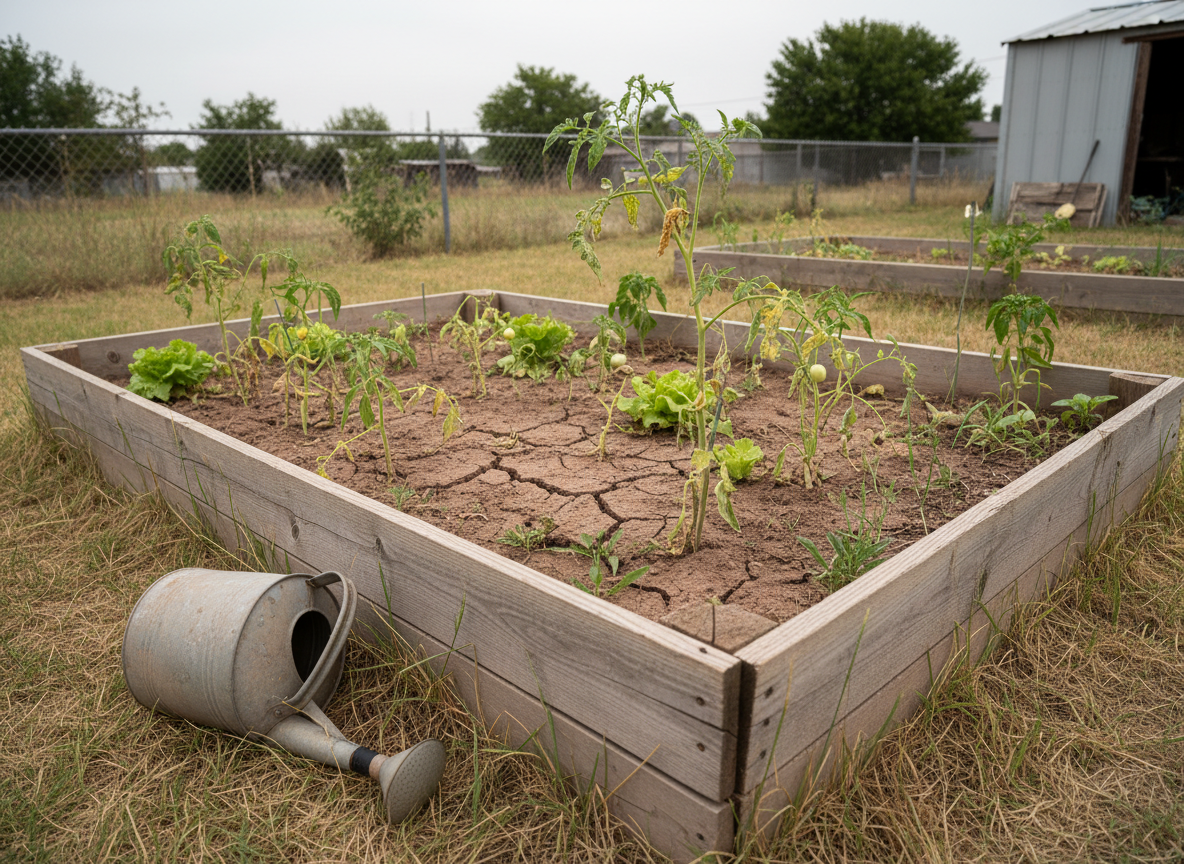 A raised bed with wilted lettuce and struggling tomato plants in dry, cracked soil, a metal watering can tipped over on the grass beside it